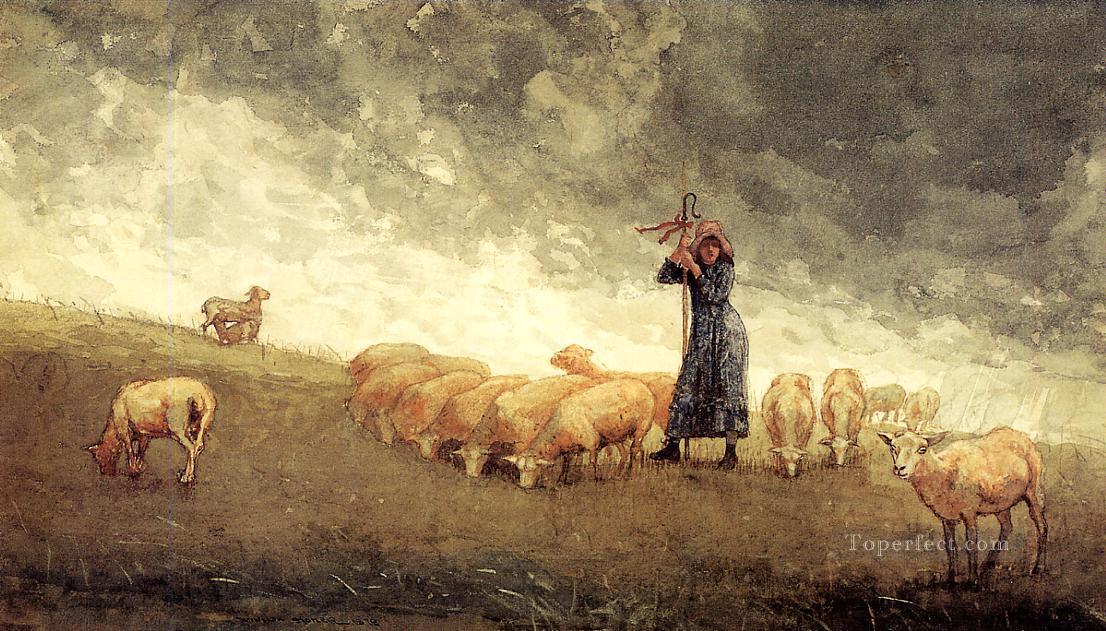 Shepherdess Tending Sheep Realism painter Winslow Homer Oil Paintings